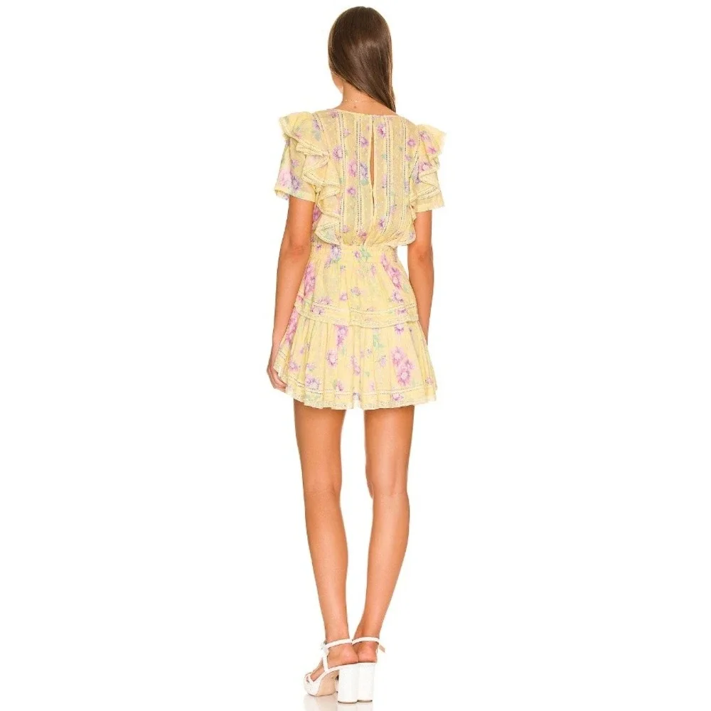 LoveShackFancy Natasha Floral Ruffle Mini Dress Smocked Waist Lace Trim S
